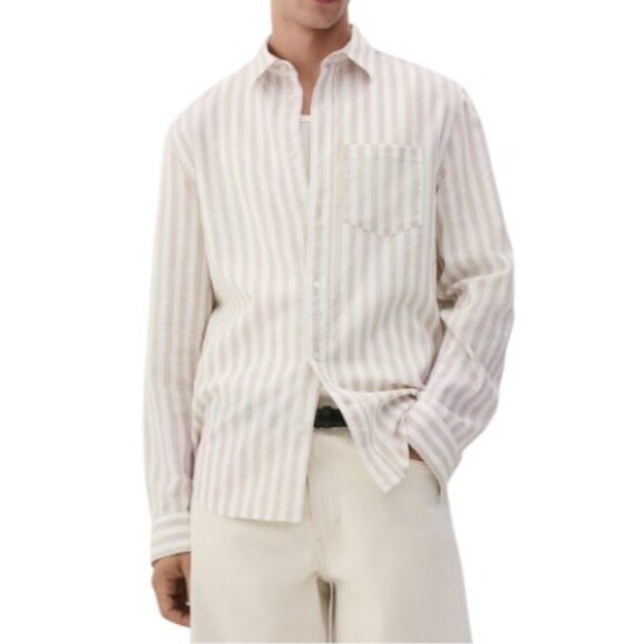 H&M beige striped linen blend long sleeve button down top size M - Picture 1 of 11